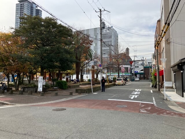 「グランカサーレ玉造」北側から見た東小橋公園とJR玉造駅