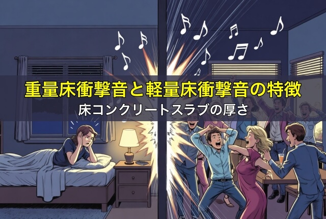 重量床衝撃音と軽量床衝撃音の特徴、床コンクリートスラブの厚さ