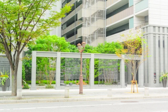 マンション1階に植えられた木と壁